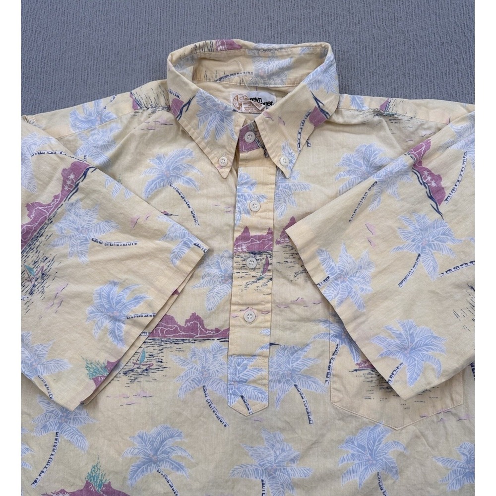 Reyn Spooner Hawaiian Shirt Men's Large Yellow Popover Beach Island Palm Vintage